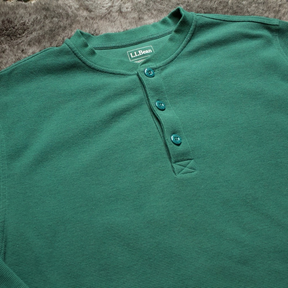 LL Bean Shirt Mens Unshrinkable Mini-Waffle Henley Traditional Fit Green Size L